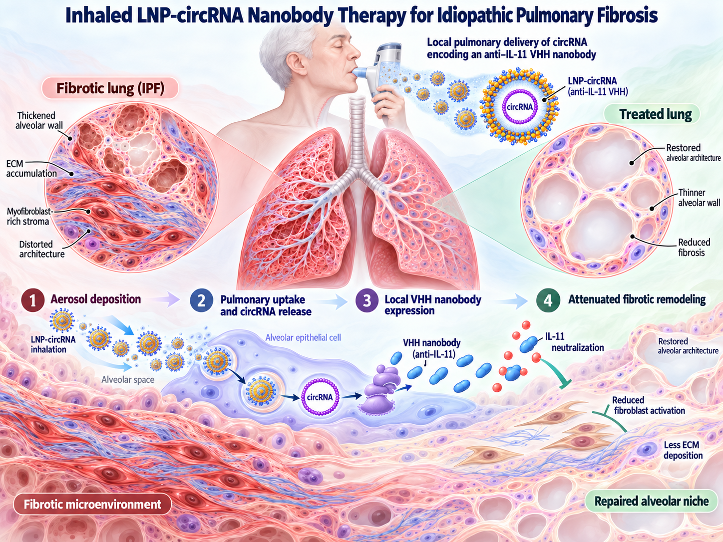 Supplied graphical abstract showing inhaled LNP-circRNA delivery of an anti-IL-11 nanobody for idiopathic pulmonary fibrosis.