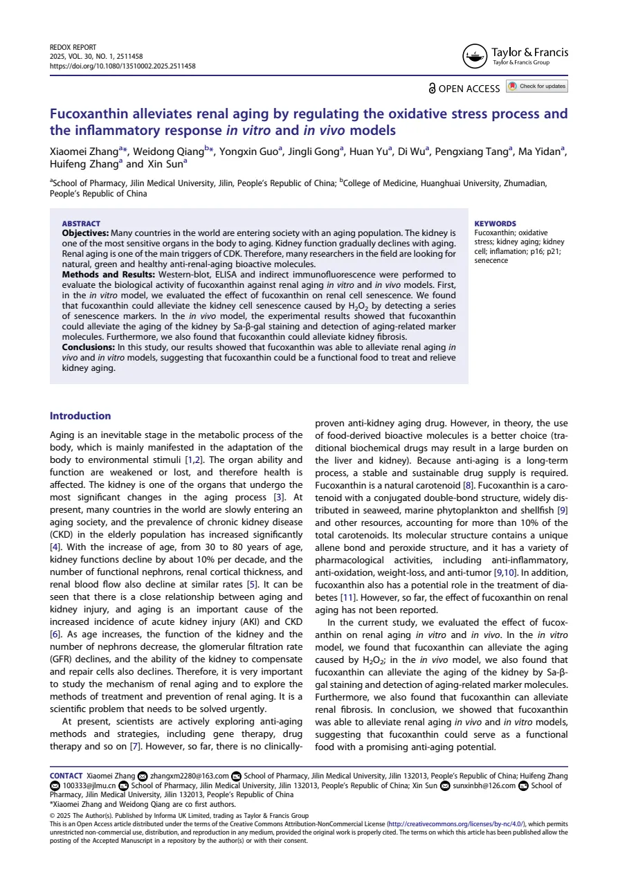 Original PDF first page: Fucoxanthin alleviates renal aging by regulating the oxidative stress process and the inflammatory response in vitro and in vivo models